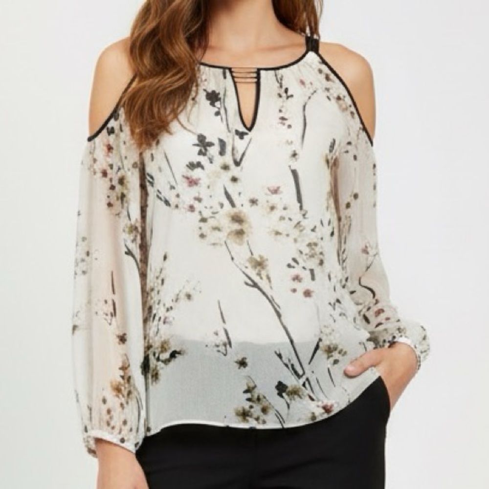 White House Black Market blouse top‎ cold shoulder long sleeve sheer XS NWOT
